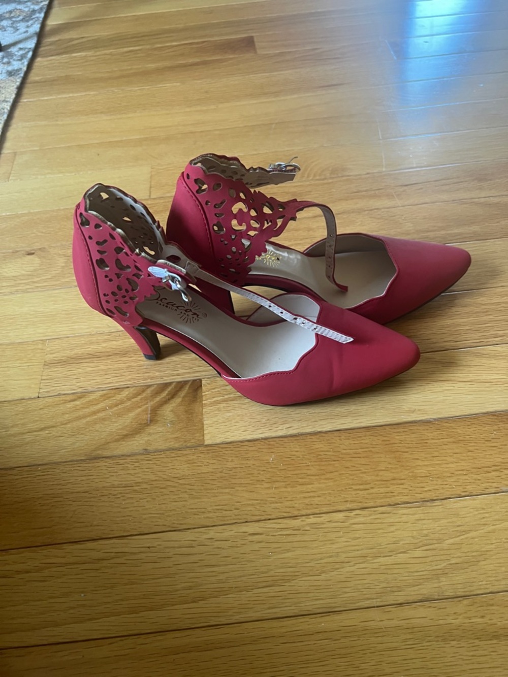 Beacon Red Laser-Cut T-Strap Heels